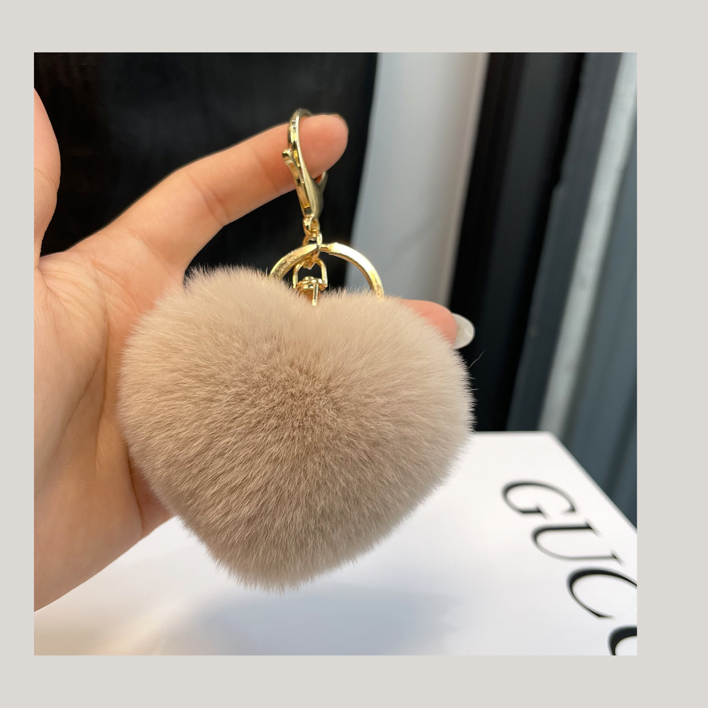 Soft plush heart shaped fur keychain (Blue) Click for color options wine red, grey, beige
