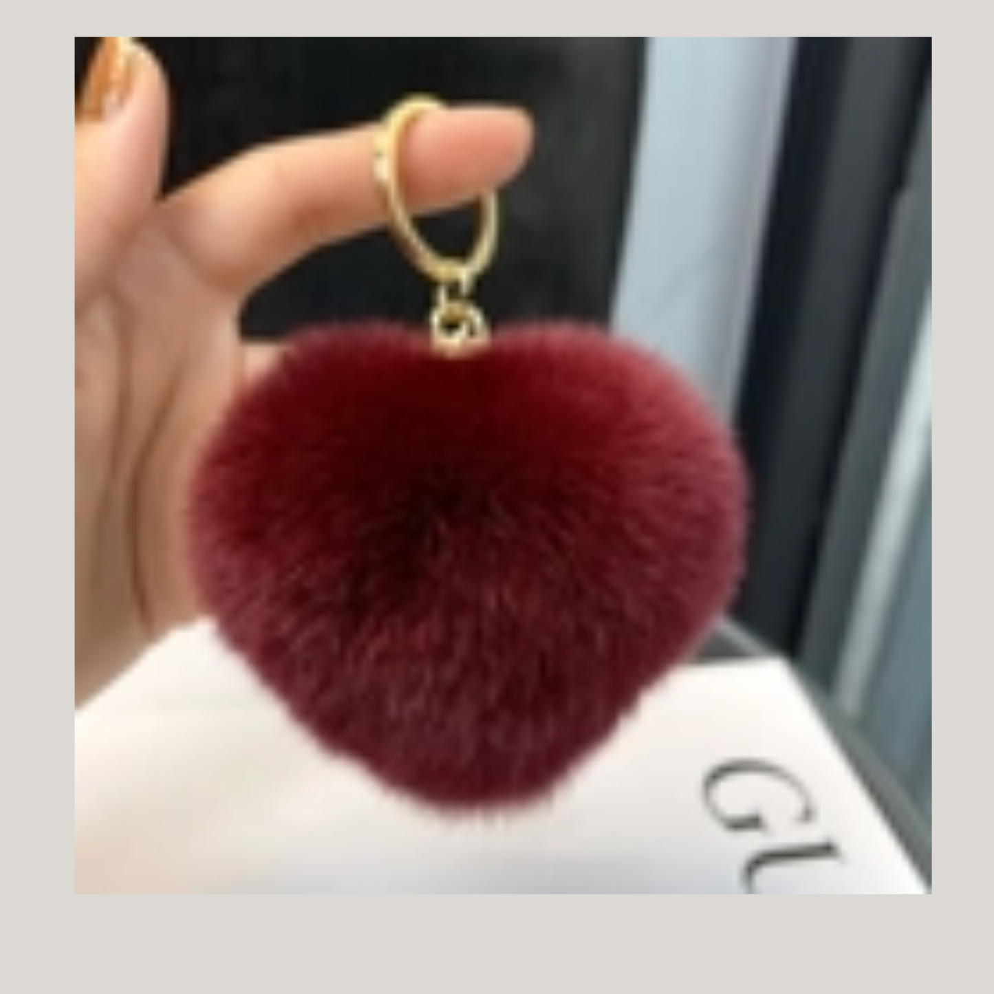 Soft plush heart shaped fur keychain (Blue) Click for color options wine red, grey, beige