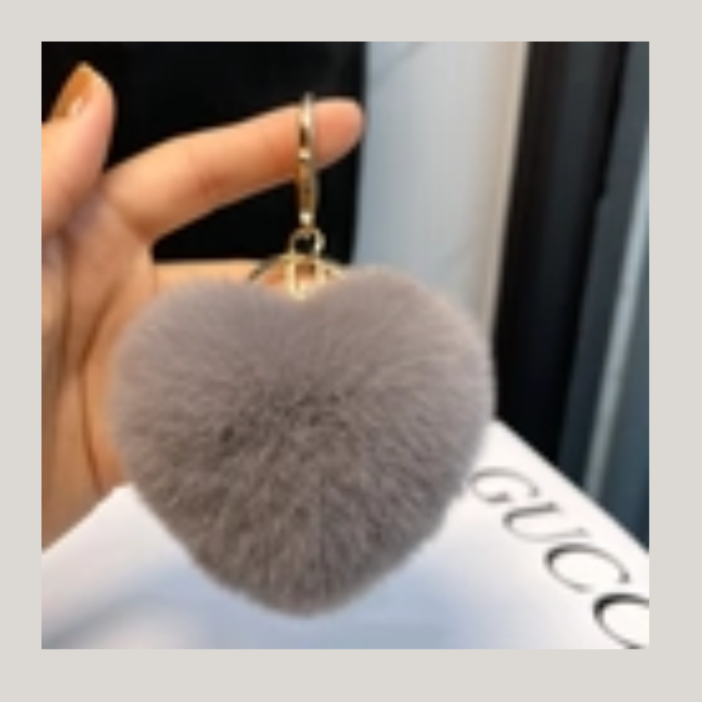 Soft plush heart shaped fur keychain (Blue) Click for color options wine red, grey, beige