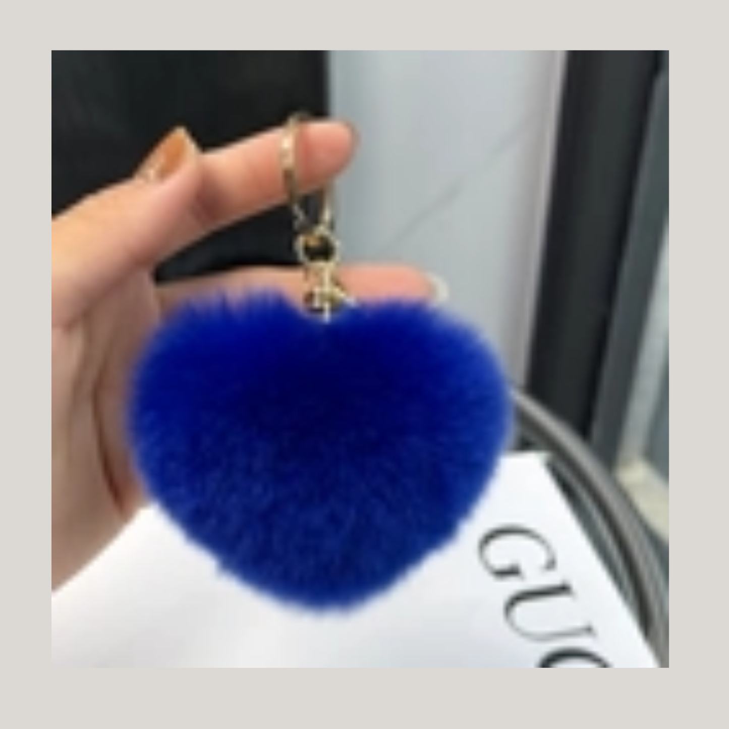 Soft plush heart shaped fur keychain (Blue) Click for color options wine red, grey, beige